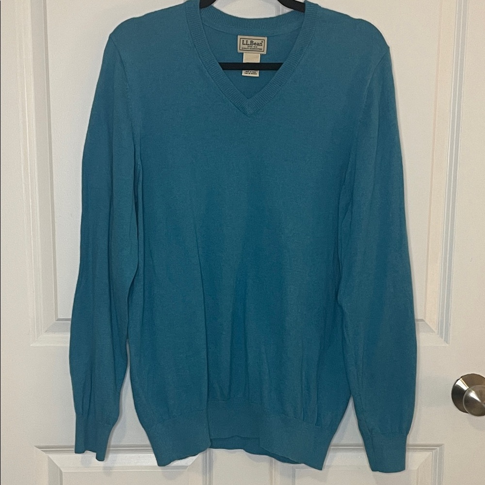 LL Bean Turquoise V-Neck Cotton Cashmere Sweater Mens Medium Soft Knit
